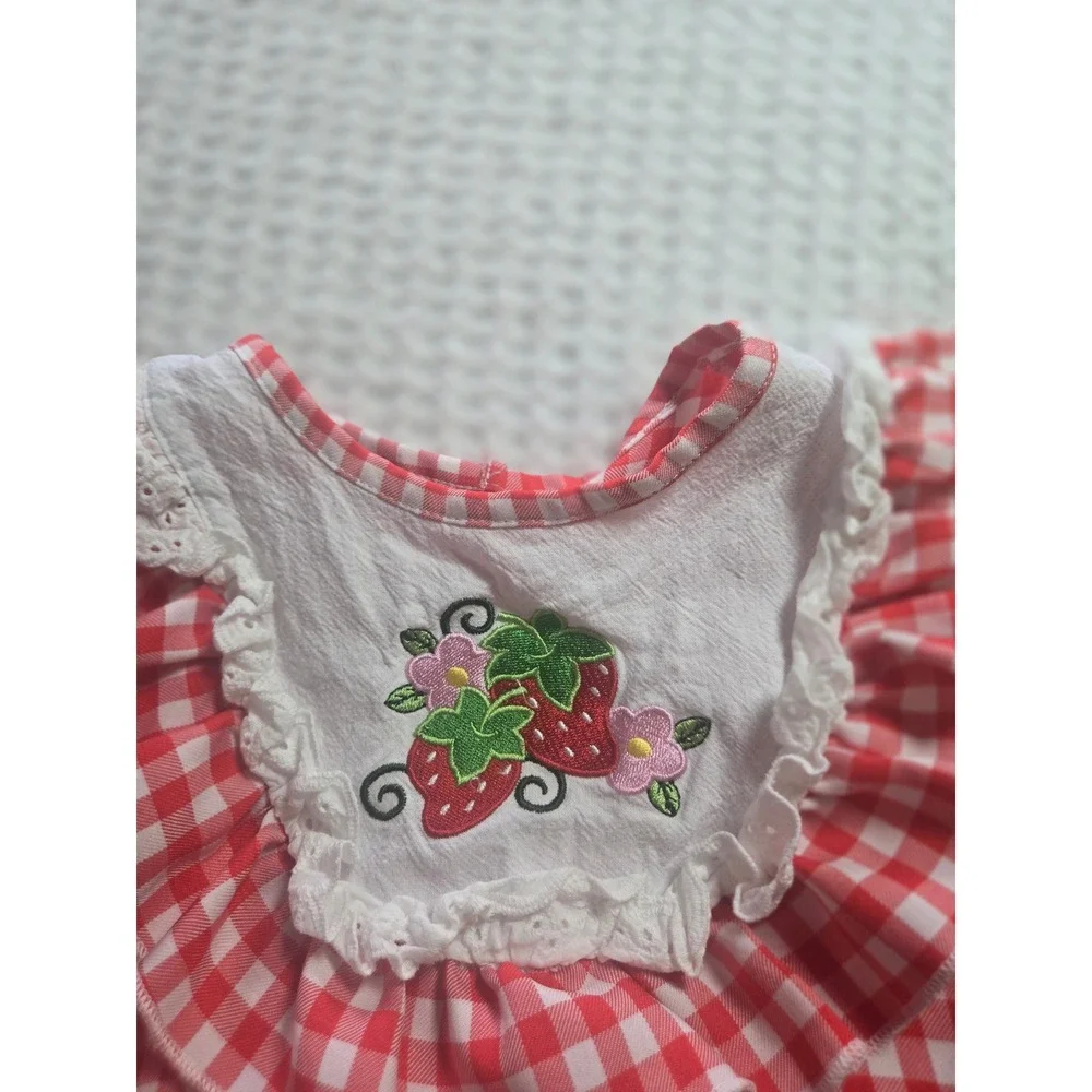 Girls Red Gingham Strawberry‎ Embroidered Lace Trim Dress Farmcore Picnic Large